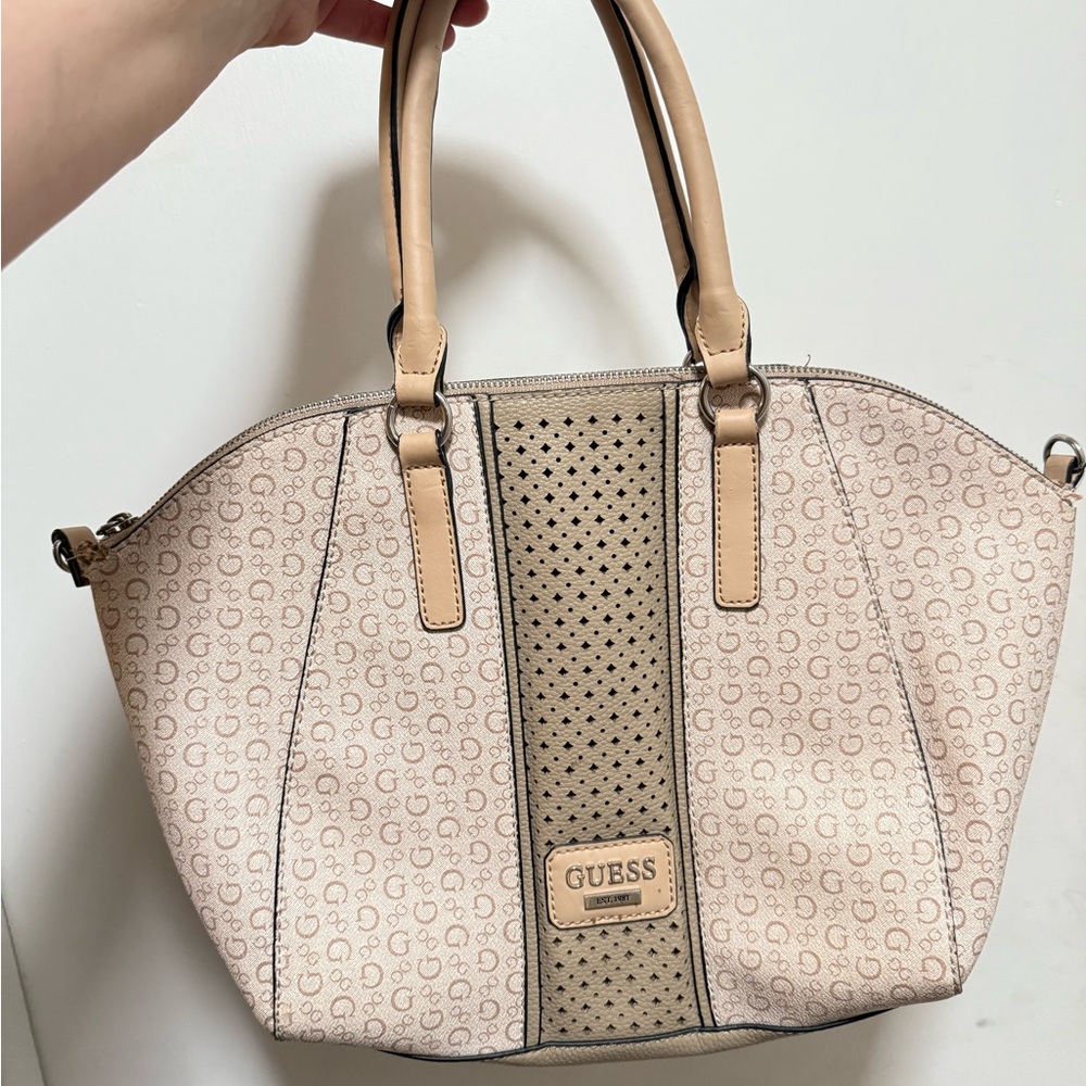 Beige Textured Tote with Structured Trapezoid Shape and Decorative Central Panel